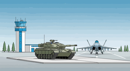 Obraz premium Military Vehicles on Runway: Tank, Jet Fighter, Airfield Tower