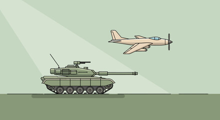 Obraz premium Military Vehicles: Tank and Airplane Vector Illustration