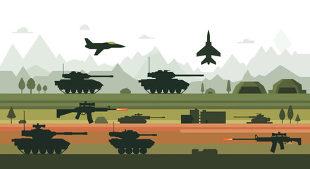 Obraz premium Military Vehicles Silhouette on Landscape Background