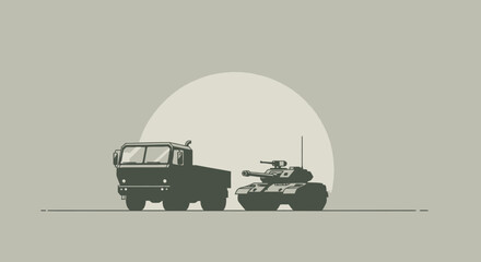 Obraz premium Military vehicles silhouette: truck and tank against circular background.