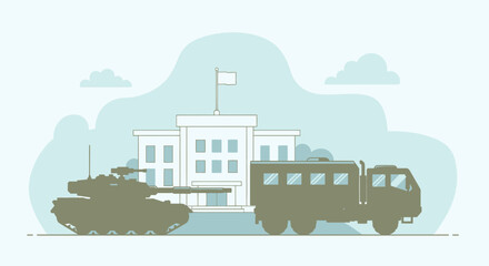 Obraz premium Military Vehicles Silhouette Against a Government Building