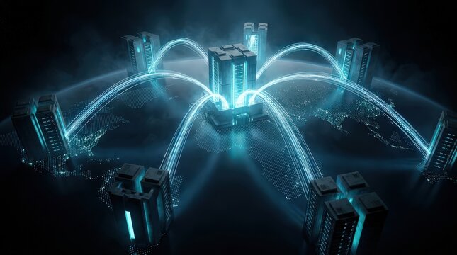 Global network of mainframe server nodes connecting digital information hubs with blue fiber optic glowing light beams across world map for cloud data storage.