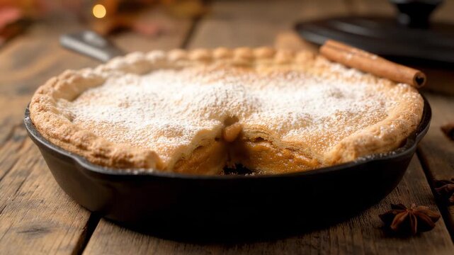 Homemade pie baked in cast iron pan with powdered sugar topping on rustic wooden table, warm traditional dessert with golden crust, cozy kitchen food photography, family baking recipe and sweet comfor