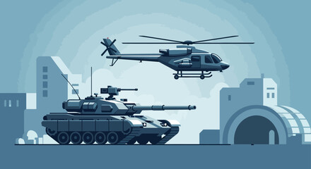 Obraz premium Military Vehicles: Tank and Helicopter Over Cityscape