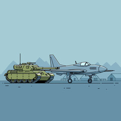 Obraz premium Military Vehicles: Tank and Jet on Blue Background