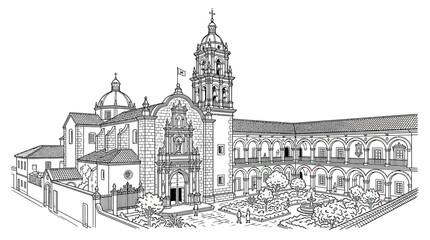 Obraz premium Detailed Architectural Sketch of a Historic Monastery Building