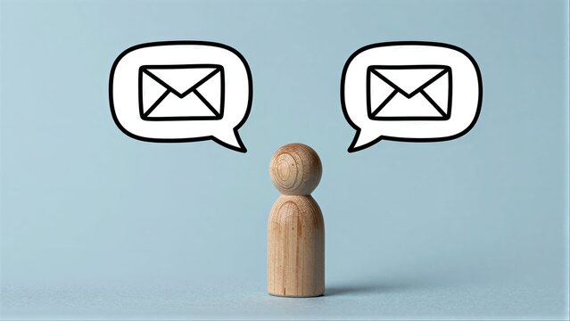Wooden figure faces two email icons, symbolizing communication or inbox dilemma.