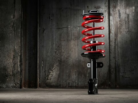 Automotive suspension strut with a vibrant red coil spring standing upright against a dark weathered industrial metal wall background