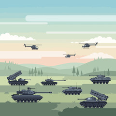 Obraz premium Military vehicles, tanks and helicopters in landscape, war, conflict, army, defense, strategy