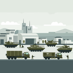 Obraz premium Modern Military Scene: Tanks, Trucks, Soldiers, and Industrial Buildings