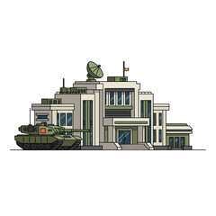 Obraz premium Modern military base with tank and satellite dish building exterior art