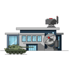 Obraz premium Modern military command center with tank and satellite dish