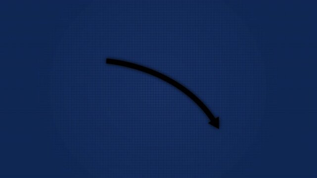 Animated downward curved arrow on blue grid background, for financial data, presentation decline decrease