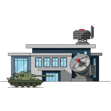 Modern military command center with tank and satellite dish