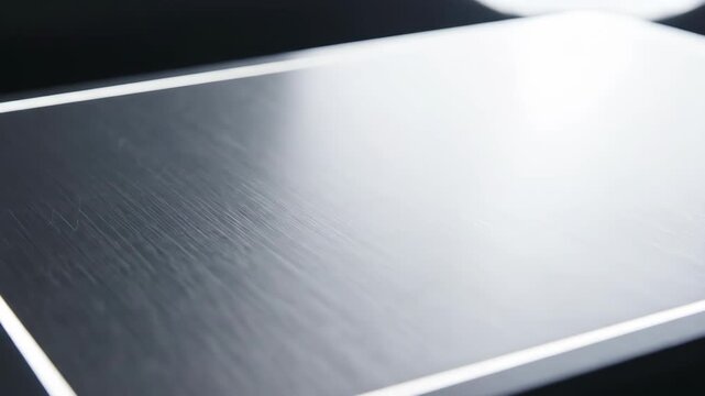 A close-up view of a sleek modern electronic device surface with metallic texture and sharp lighting.