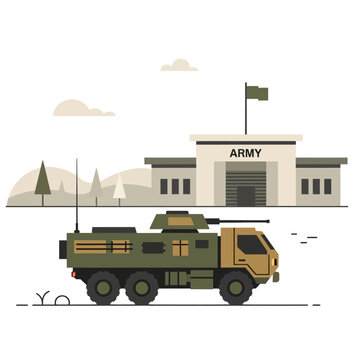 Modern military armored vehicle outside army base building illustration