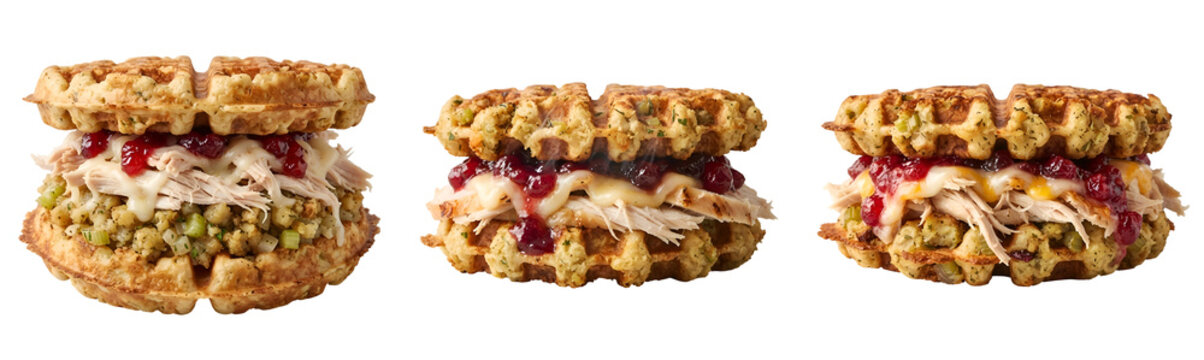 Thanksgiving savory stuffing waffle sandwiches filled with roasted turkey meat melted cheese and tart cranberry sauce presented in a isolated studio shot on transparent background