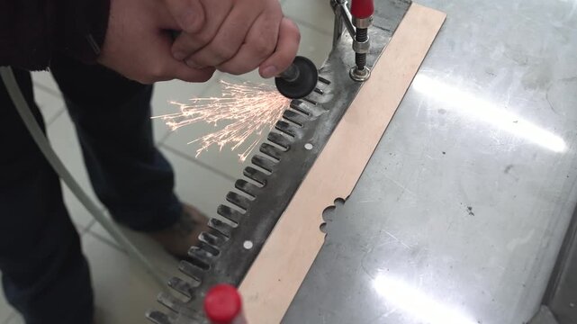 A worker polishes, grinds, and sharpens homemade blades using a handheld pneumatic grinder.