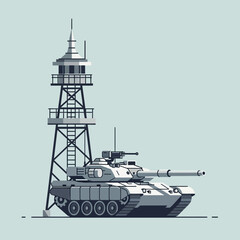 Obraz premium Modern Military Tank and Surveillance Tower - Vector Illustration