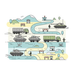 Obraz premium Modern Military Vehicles and Road Landscape Illustration