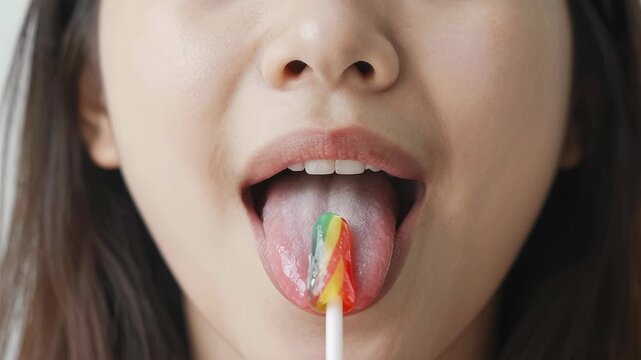 Young Woman Enjoying a Colorful Lollipop with a Playful Expression