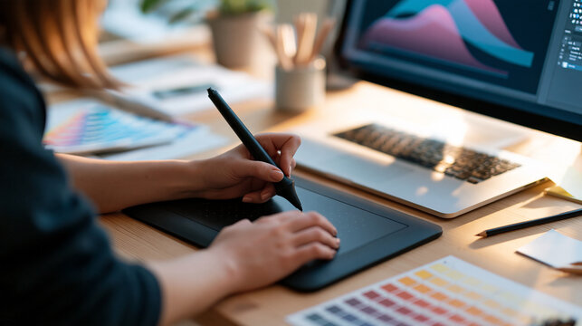 Top view of a faceless graphic designer using a graphic tablet and computer in a studio, workplace with color swatches and stationery, with copy space