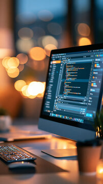 Desktop computer displaying a food-delivery app user interface under development, cozy home studio with warm evening lighting in the defocused background, with copy space
