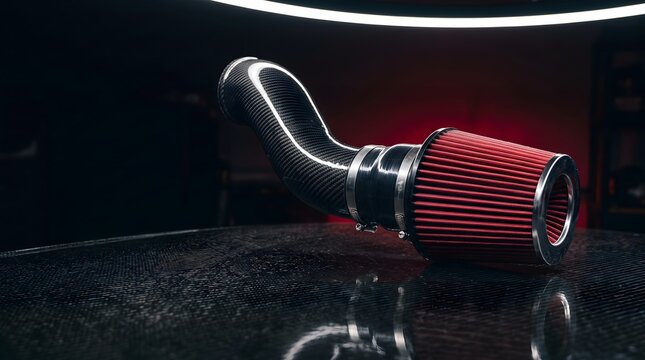 A carbon fiber intake pipe with a red air filter is dramatically lit on a textured dark surface.