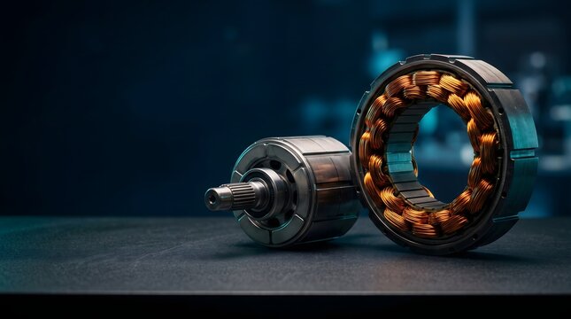 Two components of an electric motor, a rotor and stator, rest on a textured surface with blue lighting.