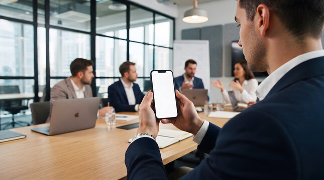Hand holding mobile smartphone mockup with blank white screen held by businessman during team brainstorming session in glass conference room for collaboration software showcase
