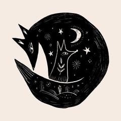Fototapeta premium Doodles mystical weirdcore cottagecore sleeping curled fox with night forest landscape, crescent moon, and celestial stars in esoteric linocut vector illustration 