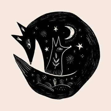 Doodles mystical weirdcore cottagecore sleeping curled fox with night forest landscape, crescent moon, and celestial stars in esoteric linocut vector illustration 
