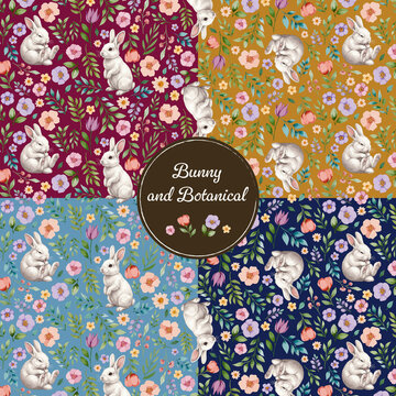 Elegant vintage rabbit floral seamless pattern set in 4 shades for textile, packaging and wallpaper