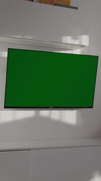 Vertical Screen: A green screen setup is shown in a living room. The television is mounted on the wall. Light shines through, creating shadows on the surface.