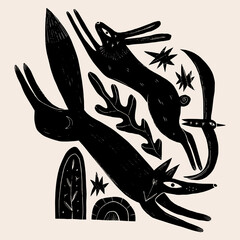 Fototapeta premium Doodles mystical linocut wild animals composition featuring running fox, leaping hare rabbit, flying bird, arch portal, crescent moon, and sparkling stars in esoteric folk weirdcore cottagecore art