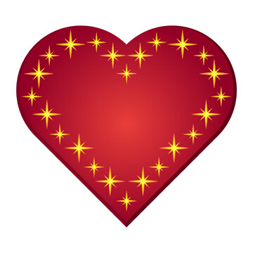 Valentines Day heart shape star border frame love design element red gold. Deep red heart icon framed inner border golden star sparkles isolated white background perfect romantic greeting cards modern