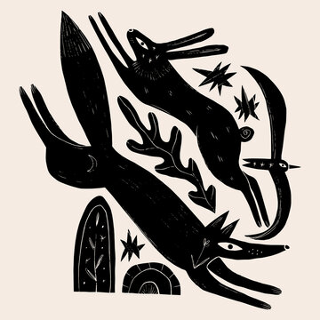 Doodles mystical linocut wild animals composition featuring running fox, leaping hare rabbit, flying bird, arch portal, crescent moon, and sparkling stars in esoteric folk weirdcore cottagecore art