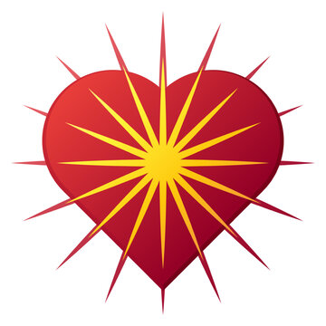 Valentines Day heart shape burst golden star shine love design element red. Red heart icon featuring sharp golden star burst rays extending outward isolated white background perfect romantic cards par