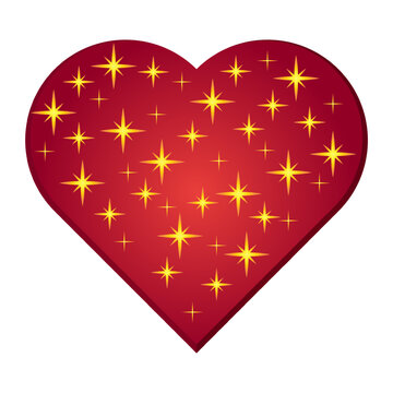 Valentines Day heart shape starry pattern star shine love design element red gold. Crimson heart icon filled scattered golden star sparkles pattern isolated white background suitable romantic cards ni