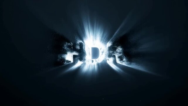Tracking shot hdr text exploding into glowing particles on dark studio background with light rays and dust dispersion