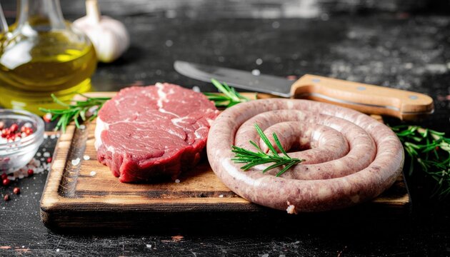 Raw beef steaks and sausages are arranged on wooden board