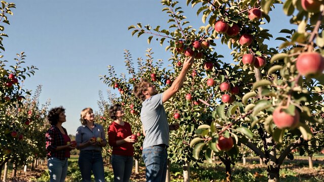 Group picking apples in sunny orchard, enjoying autumn harvest together.