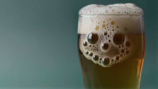 Golden beer with playful foam bubbles forming a smiling face.
