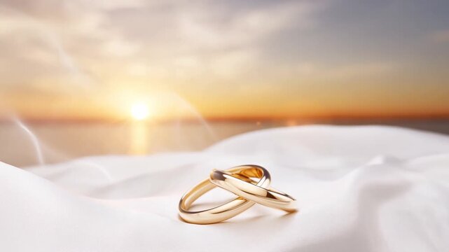 Slow motion close up of interlocked gold wedding rings shifting on white silk fabric with warm sunset over calm sea background