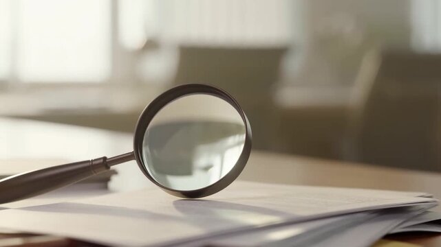 Slow motion magnifying glass rolling and rotating across paperwork on office desk with shallow depth of field and soft daylight background