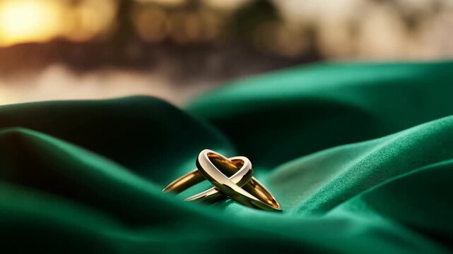 Slow motion close up of two interlocked gold rings rotating and settling on green silk fabric with warm blurred bokeh background in studio lighting