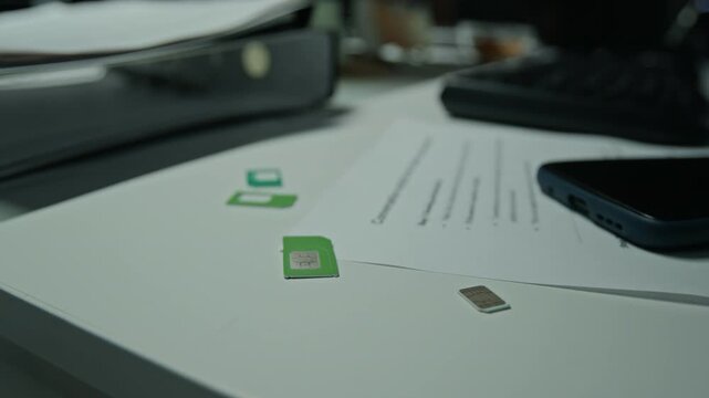 SIM cards lying beside smartphone and script papers on office desk during telecommunication setup. Suitable for mobile technology, network security, or telecom service promo
