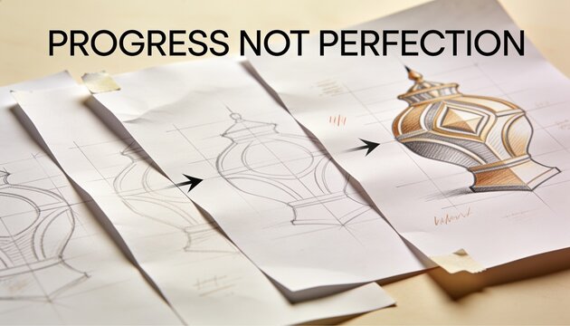 Progress not perfection iterative design process and creative development with hand drawn sketches of a decorative vase on paper sheets