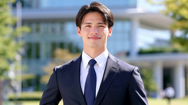 オフィスビル街の青空を背に爽やかな笑顔で前を見据える若手ビジネスマン。新卒採用ポスター、若手社員インタビュー、金融機関CMに映える写真素材（文字入れ用余白・コピースペース付き）