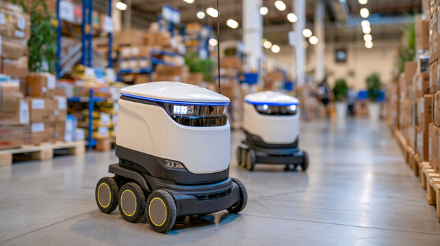 Two compact autonomous delivery robots moving side by side through a spacious warehouse aisle, enclosed white cargo compartments on low wheeled platforms, perfectly aligned inventory shelves, polish
